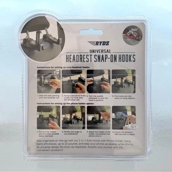RYDZ Universal Headrest Snap-On Hooks Car Organization - Picture 2 of 5
